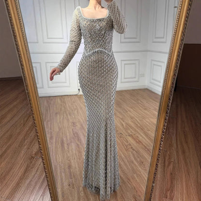 Modest Pearl Beaded Mermaid Evening Dress with Long Sleeves LA72919A