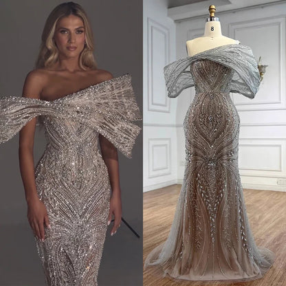 Luxury Silver Nude Off Shoulder Mermaid Evening Dress LA72878