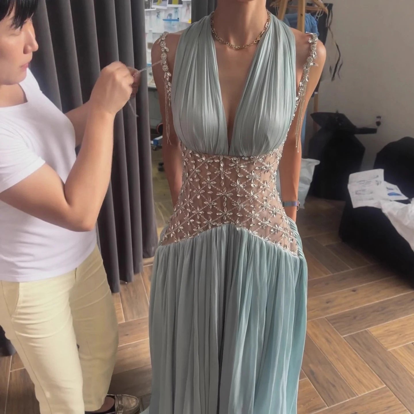 Luxury Turquoise Crystal Beaded A-Line Evening Dress LA73421