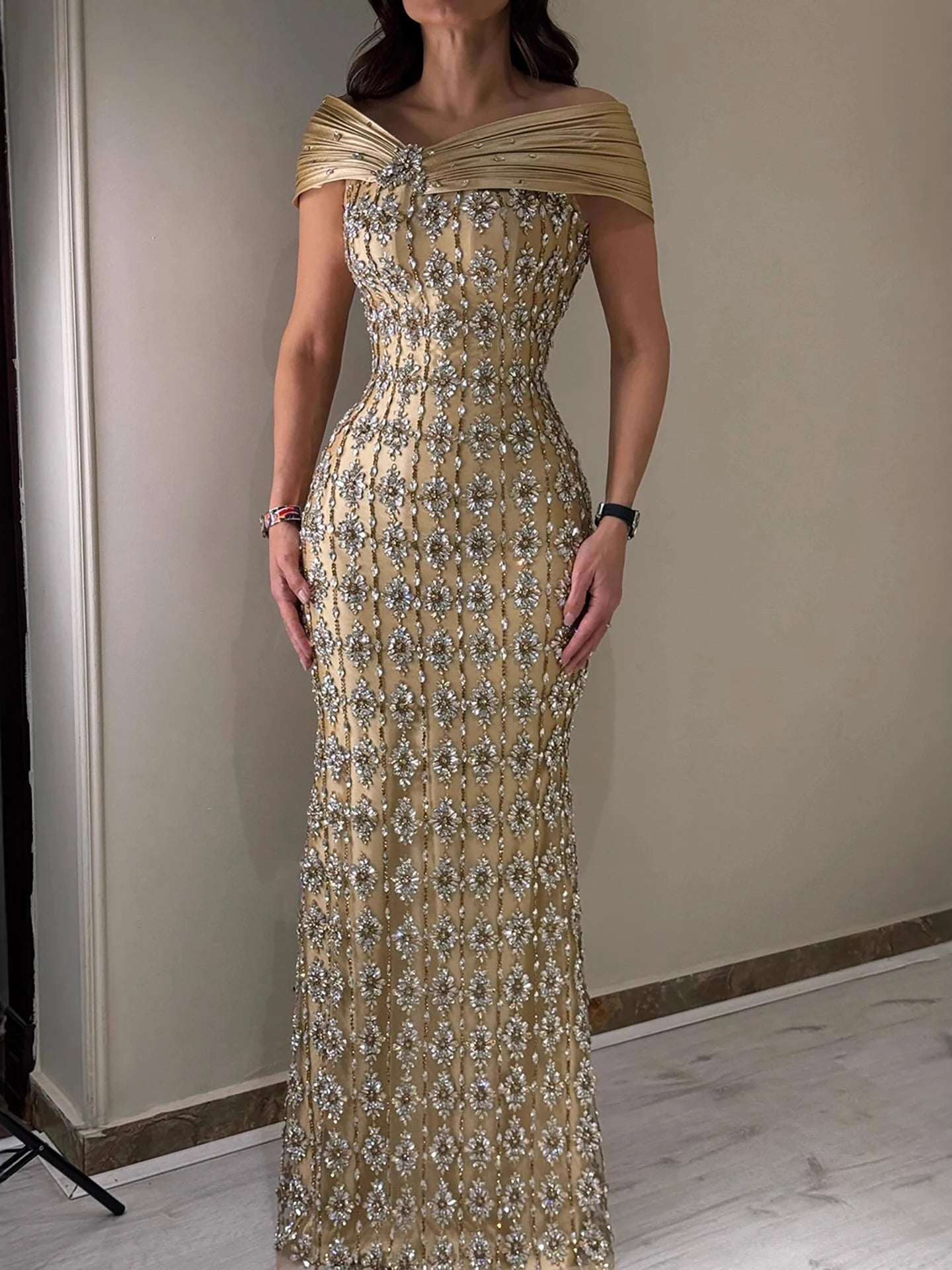 Luxury Gold Arabic Ruffles Evening Dress LA73362