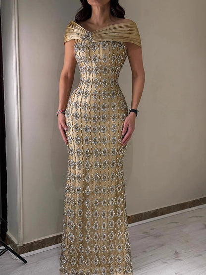 Luxury Gold Arabic Ruffles Evening Dress LA73362