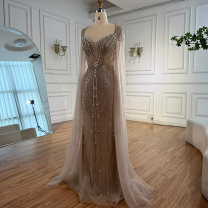 Luxury Designer Beige Beaded Evening Dress with Cape Sleeves LA72992