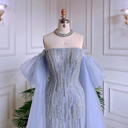 Luxury Dubai Arabic Blue Mermaid Balloon Sleeves Beaded Evening Dresses LA71823