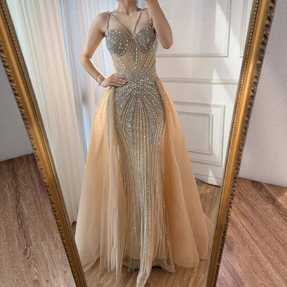 Luxury Nude Spaghetti Strap Mermaid Evening Dress with Overskirt Beaded LA73090