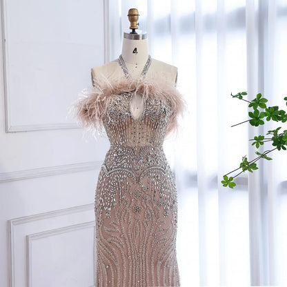 Luxury Nude Halter Feather Crystal Evening Dress LA73349