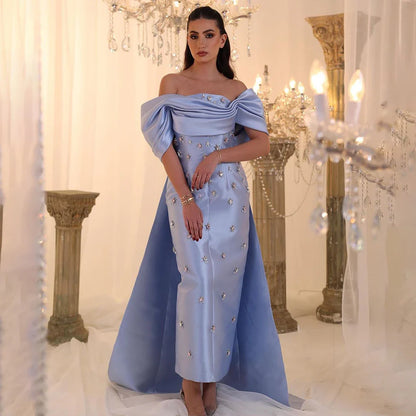 Serene Hill 2025 Arabic Blue Beaded Crystal Ankle-Length Mermaid Satin Evening Dresses Gowns for Women Wedding Party LA72414A