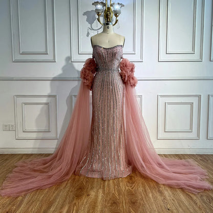 Luxury Pink Beaded Mermaid  Arabic Evening Dress with Cape LA73019