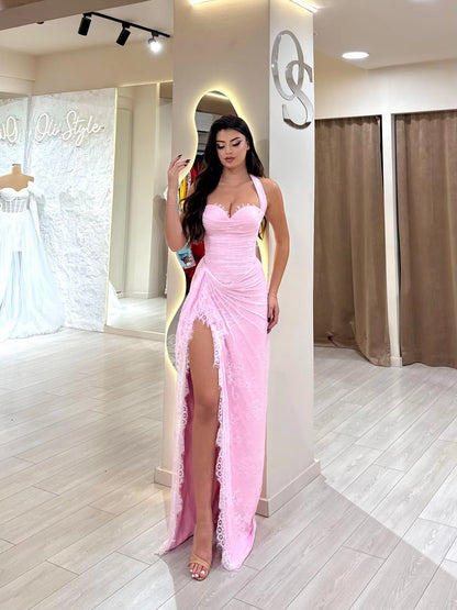 Luxury Pink Lace Halter Saudi Arabic High Split Evening Dress LA73372