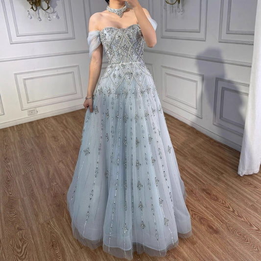 Luxury Gray Blue A-Line Dreamy Beaded Evening Dress With Necklace LA73397