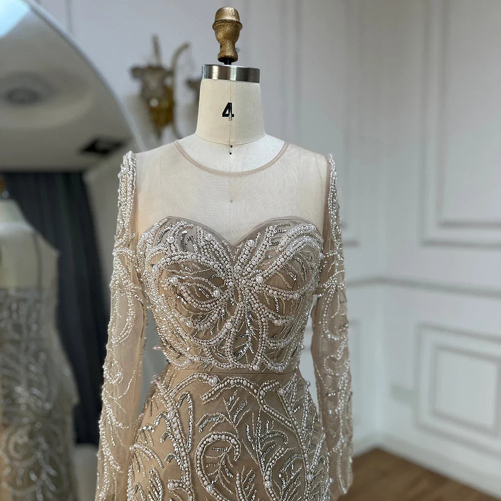 Luxury Dubai  Nude Mermaid Luxury Pearls Beaded Arabic Evening Gowns for Formal Occasion Dress LA72648