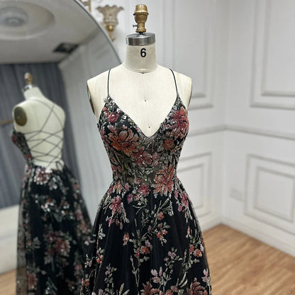 Luxury Dubai  Spaghetti Strap A-Line Black Beaded Luxury Prom Dress for Formal Occasion Saudi Arabic LA72773
