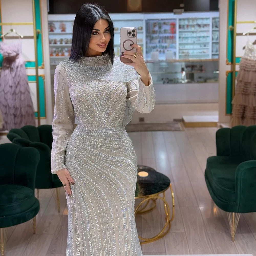 Luxury Muslim Silver Nude Beaded Sparkle long sleeve Evening Dress LA70752H