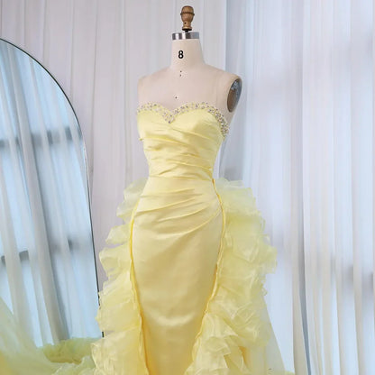 Luxury Dubai   Evening Gown for Formal Occasion Elegant Yellow Dress with Ruffles and Beaded Details LA72889