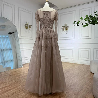 Luxury Caramel A-Line Beaded Evening Dress with Long Sleeves LA73077