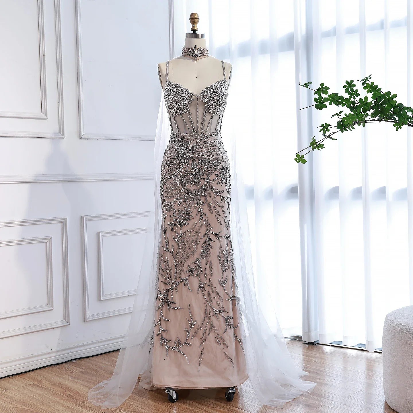 Luxury Evening Dress Grey Beaded With Cape Prom Gown LA73342