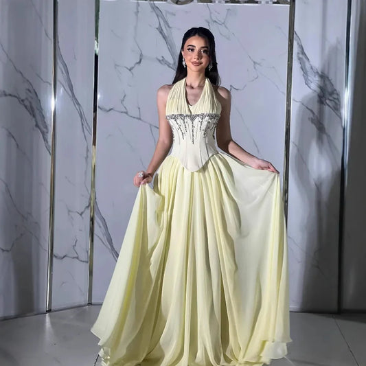 Elegant Classy Yellow Chiffon Halter Beaded Ball Gown LA73074