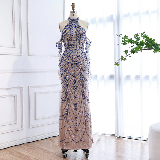 Luxury Kosovo Blue Evening Dress With Gloves LA72760C