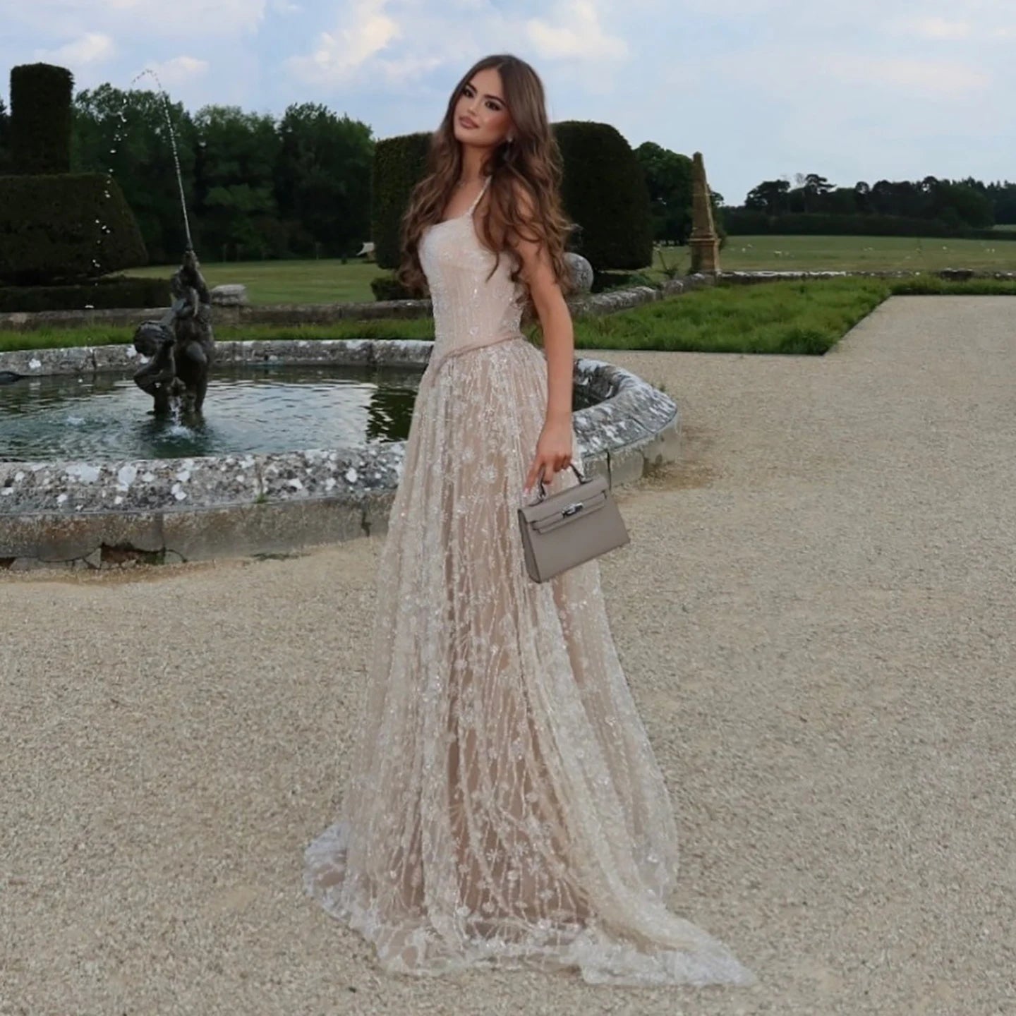 Luxury Sage Green Beaded A-Line Spaghetti Strap Evening Dress LA72805