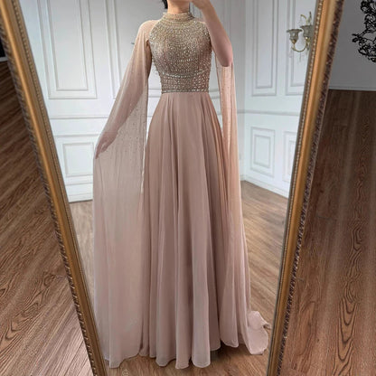 Luxury Caramel Chiffon Beaded Evening Dress with Cape LA73144