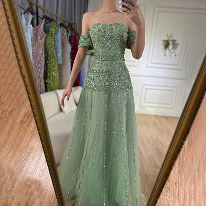 Serene Hill  Off The Shoulder A-Line Caramel Beaded Luxury Evening Dress for Formal Occasion Saudi LA72709