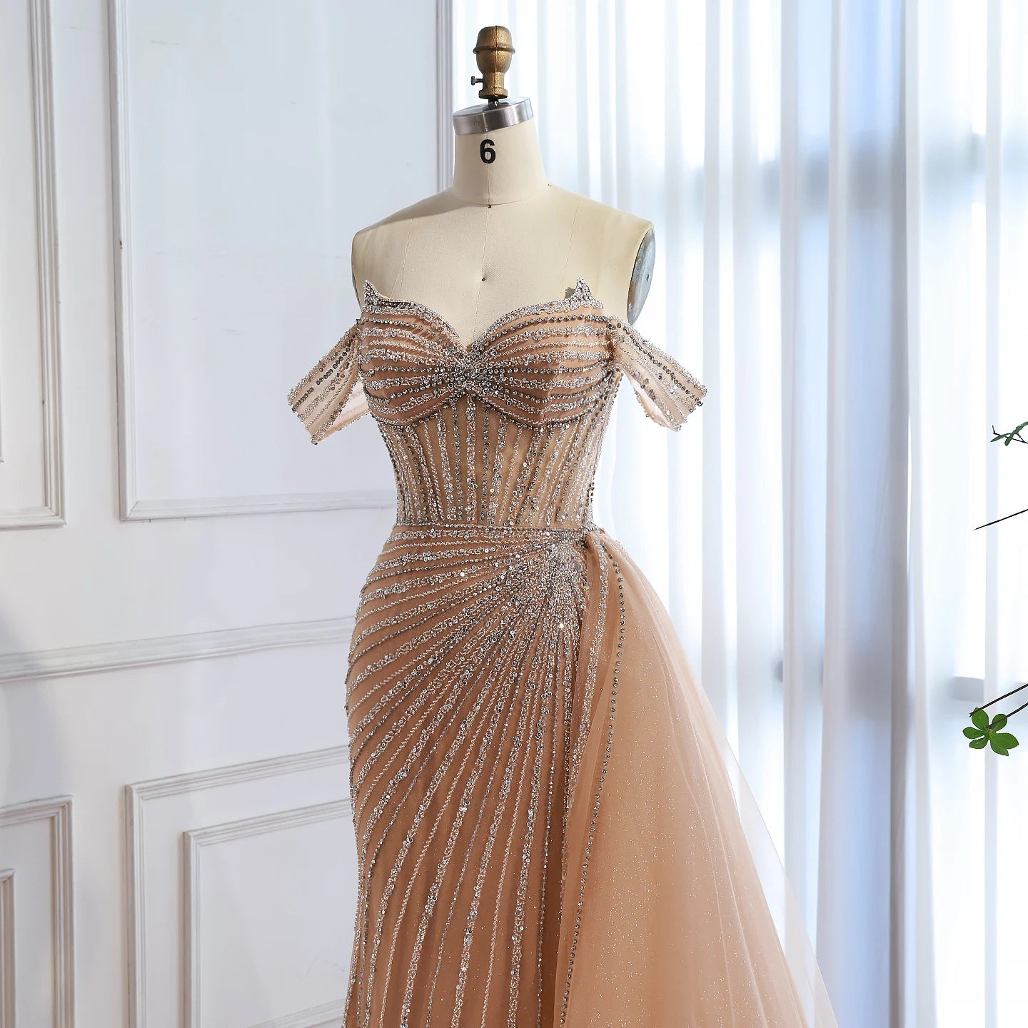 Luxury Nude Off Shoulder Beaded Mermaid Gown with Overskirt LA73139