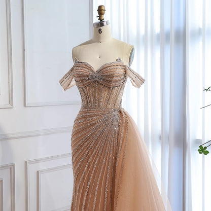 Luxury Nude Off Shoulder Beaded Mermaid Gown with Overskirt LA73139