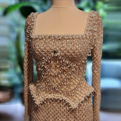 Modest Pearl Beaded Mermaid Evening Dress with Long Sleeves LA72919A