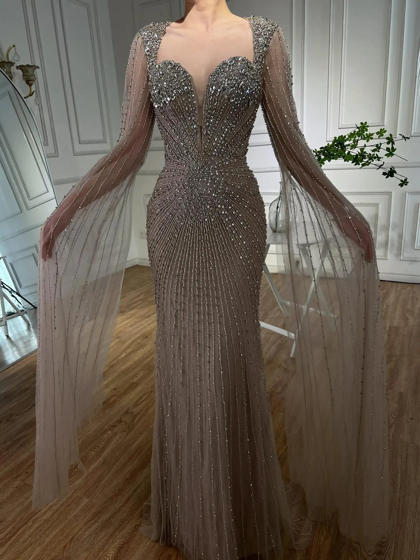 Luxury Caramel Crystal Beaded Mermaid Evening Dress with Cape LA72575D