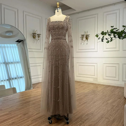 Luxury Arabic Caramel Beaded Evening Dress with Cape Sleeves LA72966A