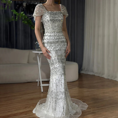 Luxury White Mermaid Beaded Evening Dress with Short Sleeves LA72714