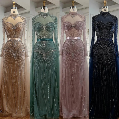 Luxury Nude Modest Beaded Evening Dress Long Sleeves With Overskirt LA72990