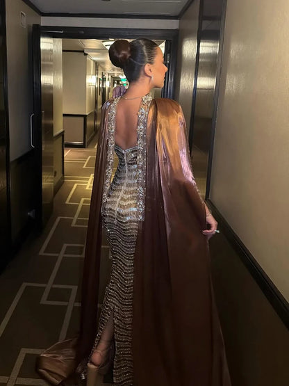 Luxury Caramel Beaded Mermaid Evening Dress LA73447