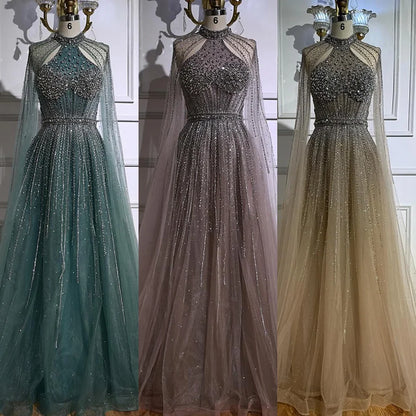 Luxury Beaded A-Line Evening Dress with Cape Sleeves LA73054