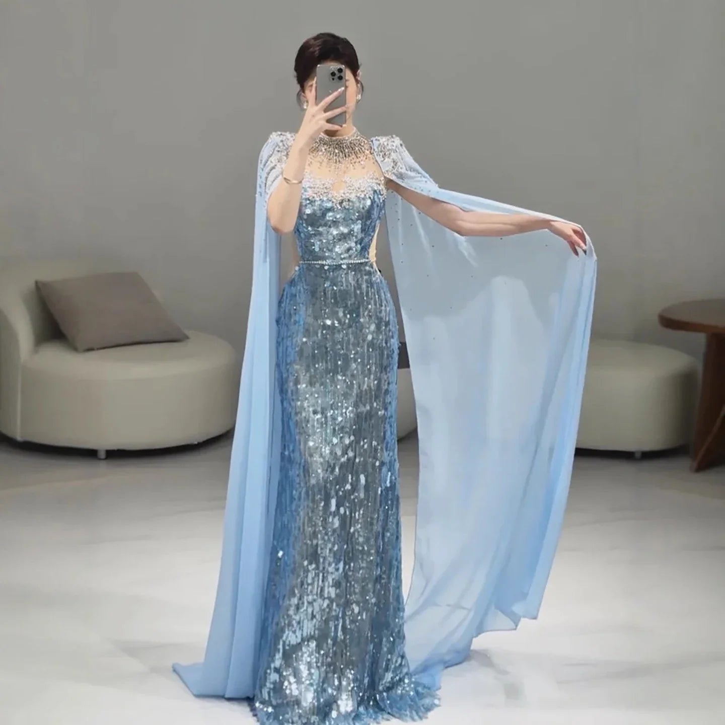 Luxury Dubai Blue Mermaid Evening Dress with Cape LA73419