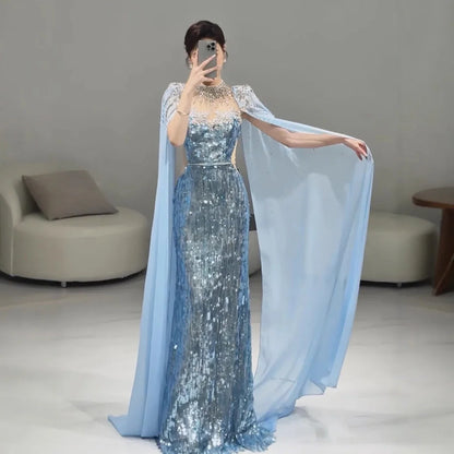 Luxury Dubai Blue Mermaid Evening Dress with Cape LA73419