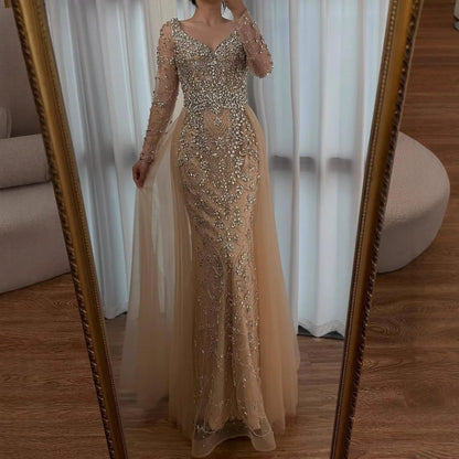 Luxury Nude Beaded Mermaid Evening Dress with Overskirt LA73042A