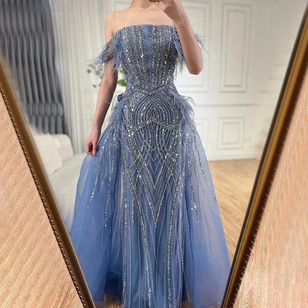 Luxury Dubai  Blue Mermaid Gown Luxury Feathers Beaded Saudi Evening Dress with Overlay Skirt for Formal Occasion LA72727