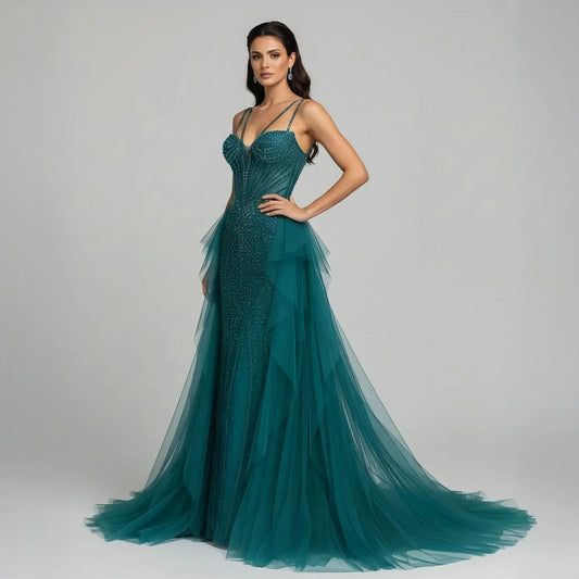 Luxury Green Beaded Mermaid Evening Dresses with Skirt LA73455