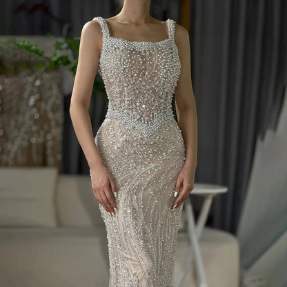 Luxury White Nude Pearl Beaded Mermaid Evening Dress LA72266