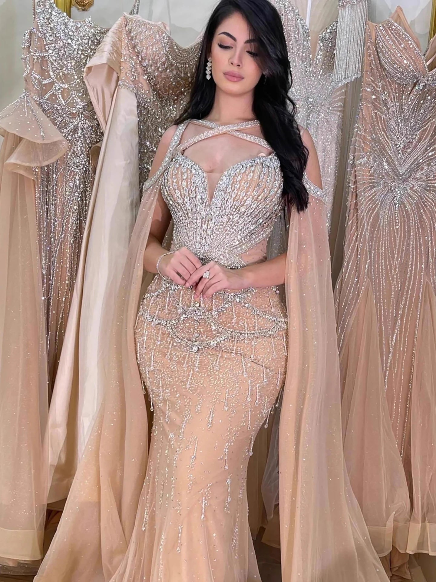 Luxury Nude Cape Sleeves Beaded Crystal Evening Dress LA72806