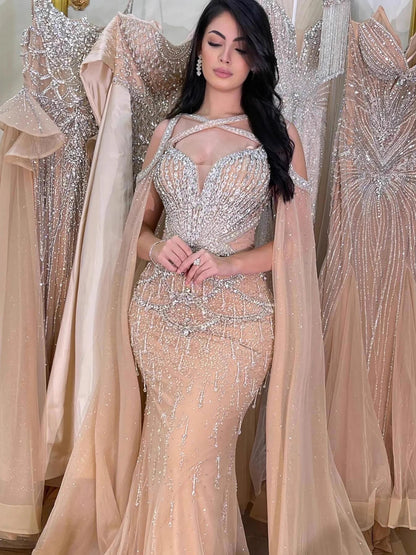 Luxury Nude Cape Sleeves Beaded Crystal Evening Dress LA72806