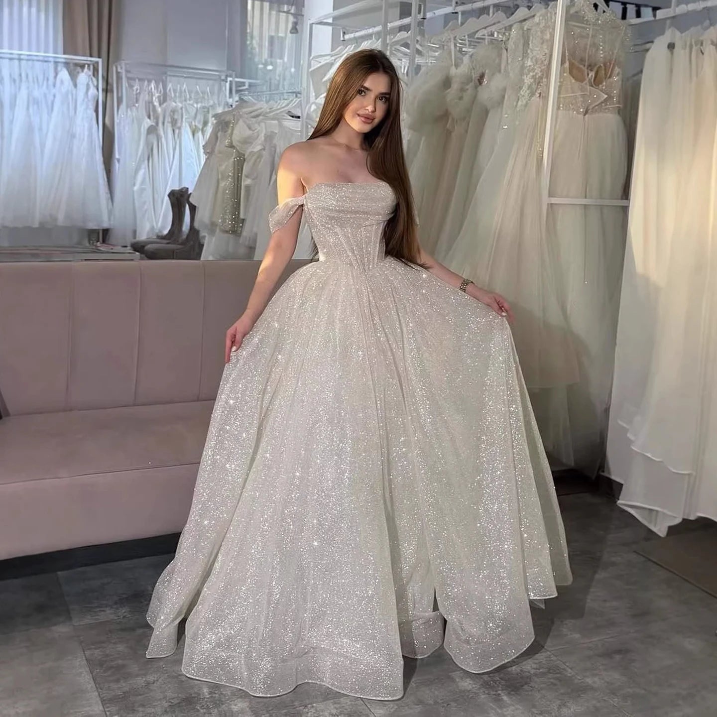 Luxury Pink Sequin Off Shoulder Evening Dress Ball Gown LA73456