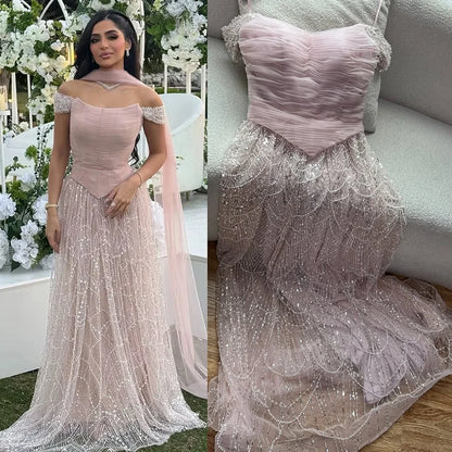 Luxury Arabic Pink Pearls Beaded Evening Dress With Cape LA72922
