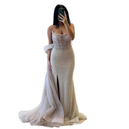 Luxury Evening Dress Nude BeadedSheath Gown With Tulle Train LA73388