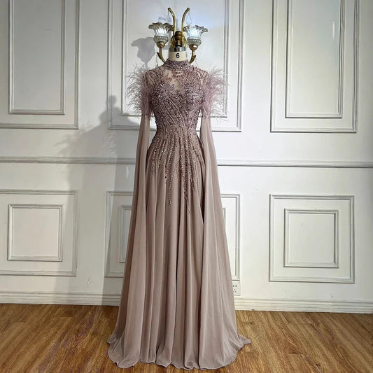 Luxury Pink Feather Beaded Evening Dress with Long Cape Sleeves LA72982