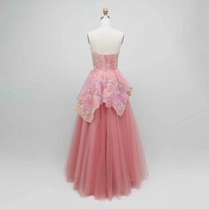 Luxury Peach Floral Appliqué A-Line Sparkly Evening Dress LA73185