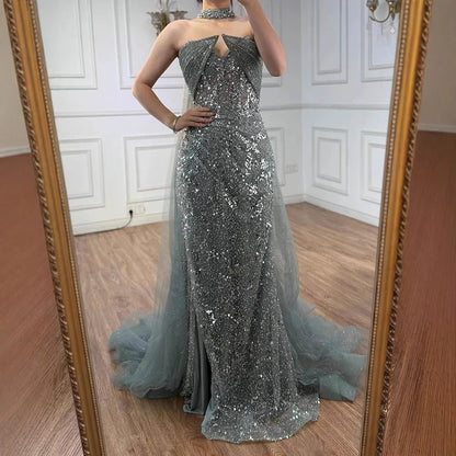 Luxury Gray Beaded Evening Dress with Long Cape LA73159
