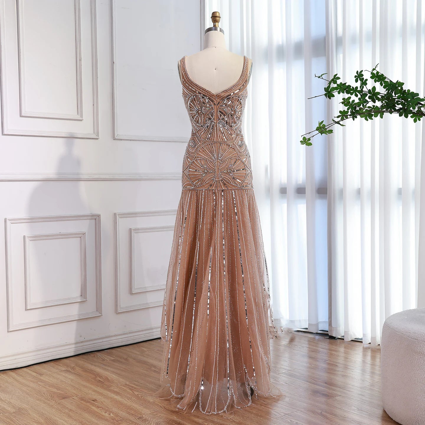 Luxury Nude Spaghetti Strap Beaded A line Evening Dress LA73189