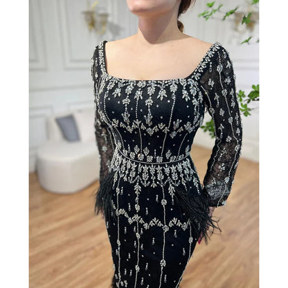 Luxury Black Feathers Midi Evening Dress with Long Sleeve LA71492AM
