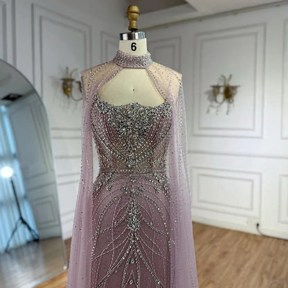 Luxury Dubai Nude Mermaid Evening Dress with Cape Sleeves LA73195